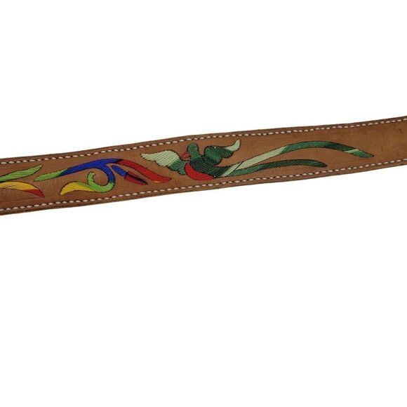 Vintage 70s Leather Belt Artisan M/L 37" Tan Rainbow Embroidered Parrot Western - Picture 5 of 10